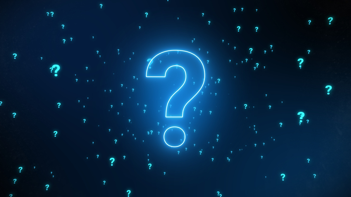 Question mark problem sign with particles flying in the background. Digital computer illustration