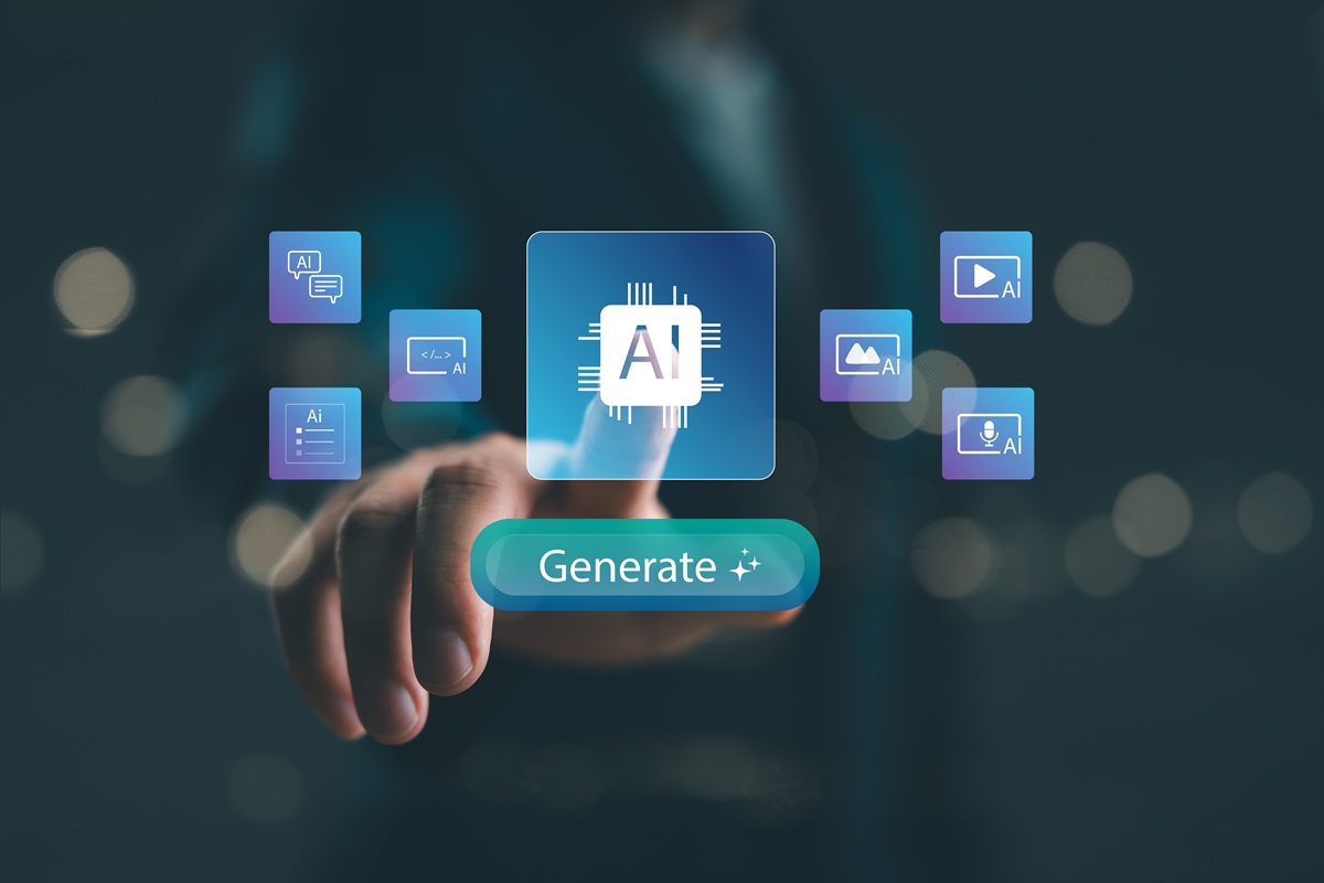 AI content generation interface with icons for text, image, video, and audio creation. Futuristic concept of artificial intelligence generating multimedia with a single touch.