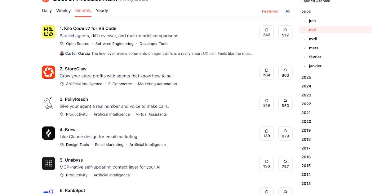 IA, link in bio, SEO : 5 nouveaux outils à découvrir sur Product Hunt en mai 2026 - Agence web Nity Pro