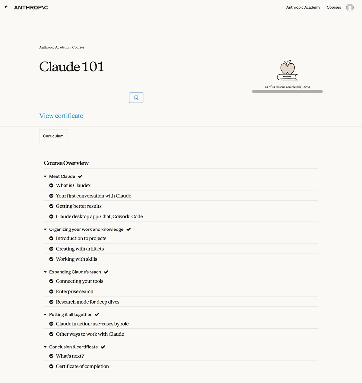 Cours Claude 101 fini – Anthropic Academy