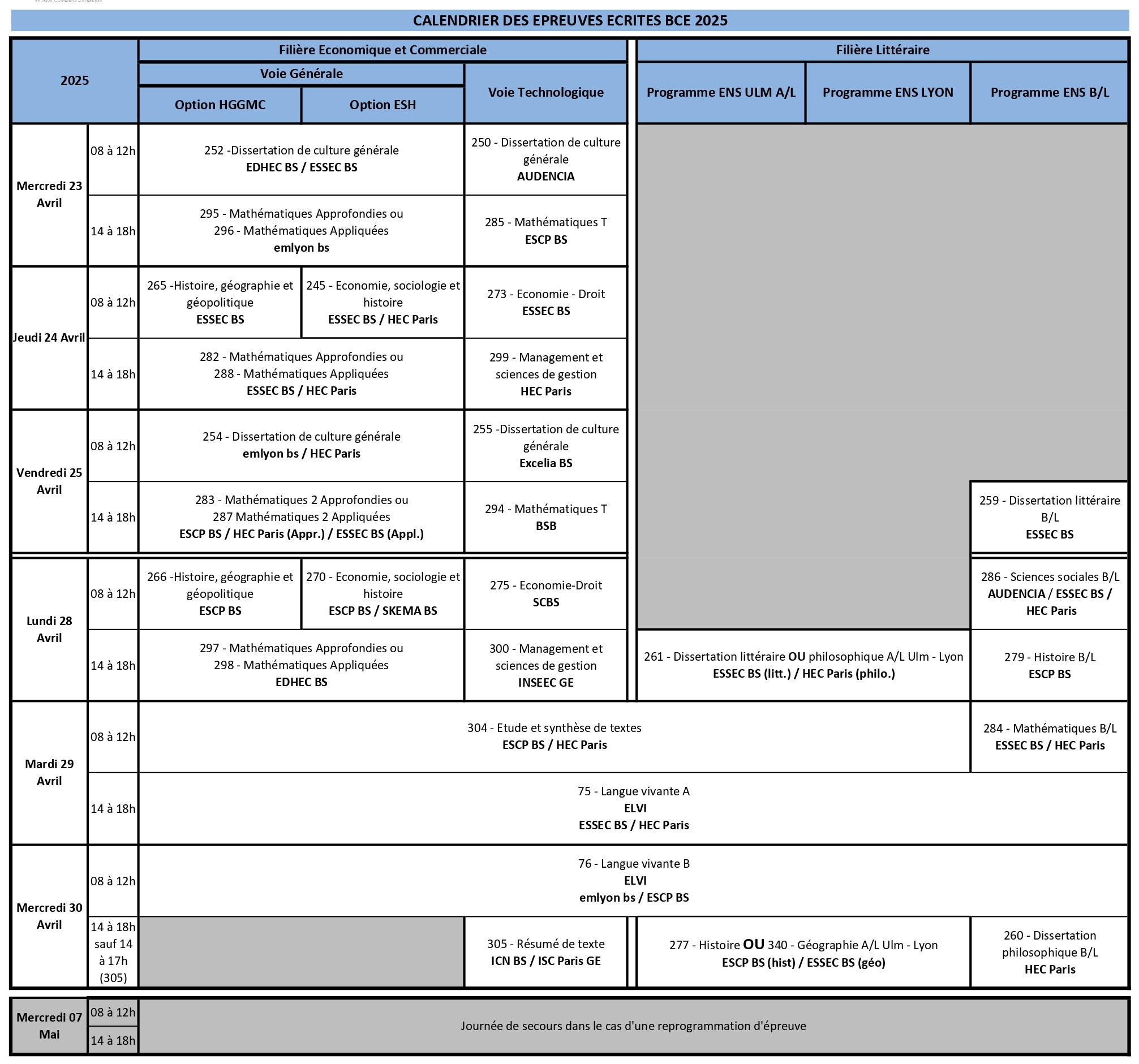 calendrier épreuves BCE 2025