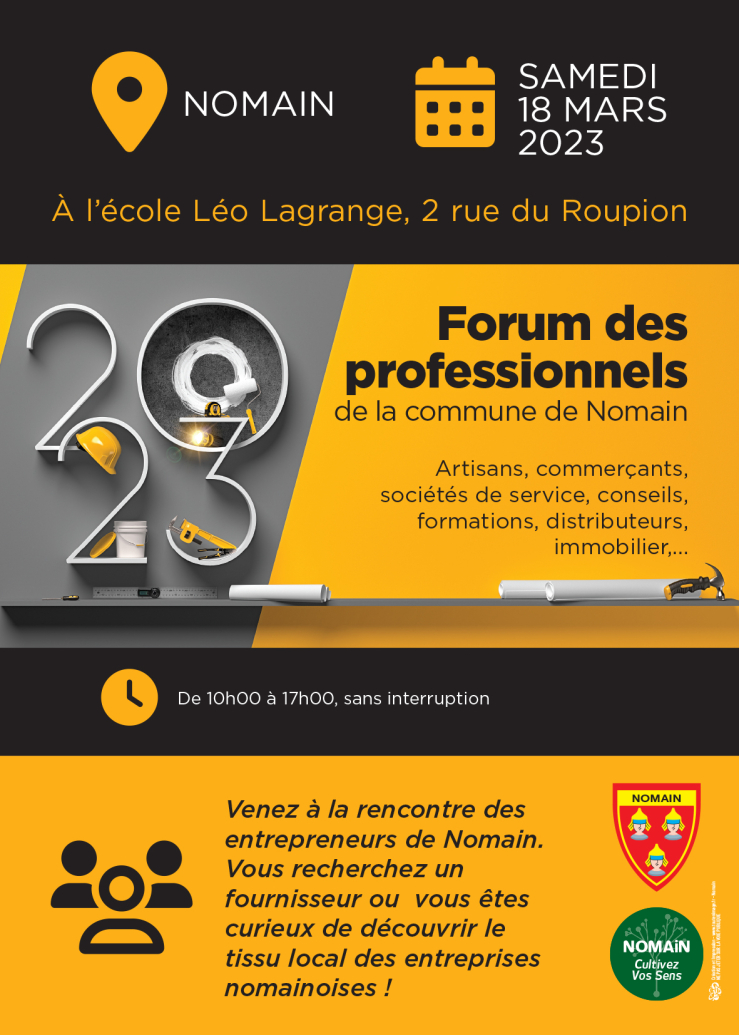 Affiche sur fond jaune et noir, forum des professionnels de Nomain 