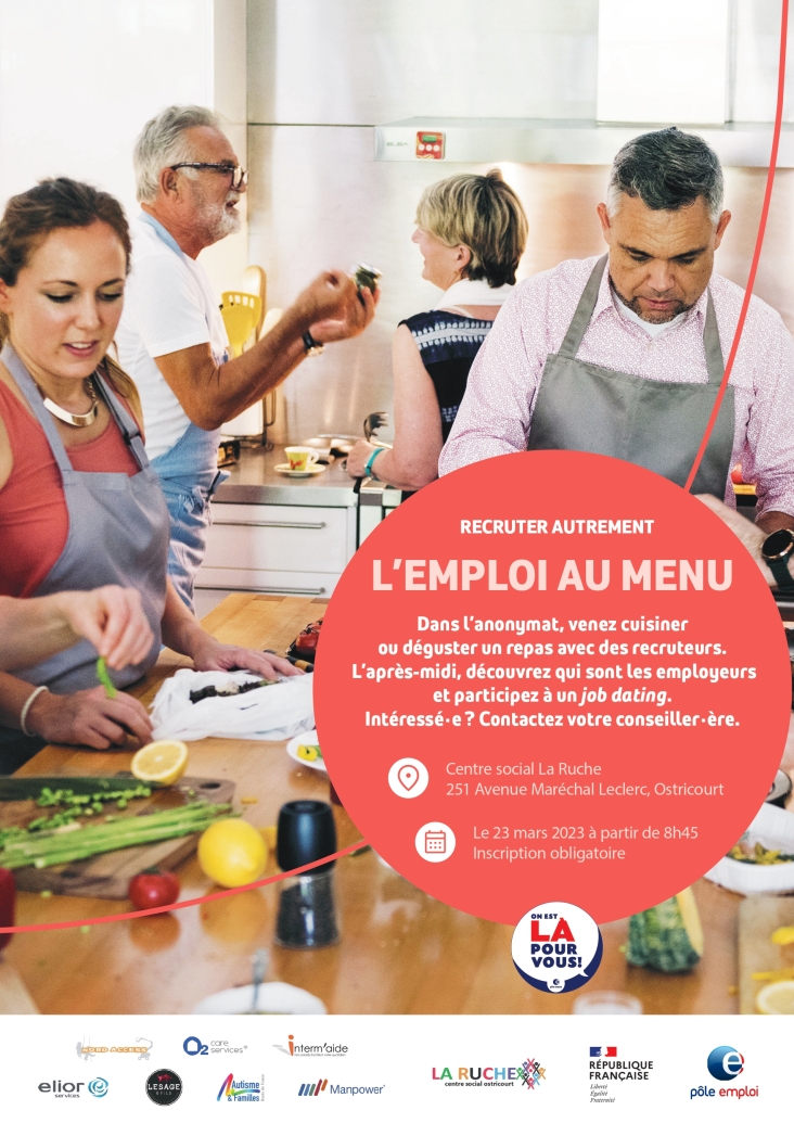 affiche l'emploi au menu à Ostricourt, personnes cuisinant en équipe