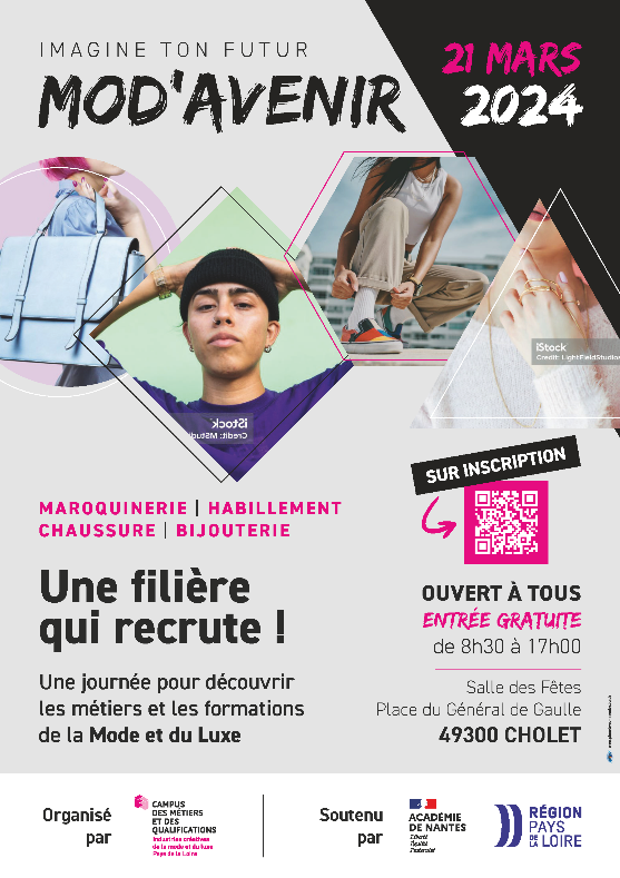 Mod'avenir est une journée pour découvrir les métiers et les formations de la mode et du luxe. Le 21 mars, de 8H30 à 17H, sur inscription avec QR Code, à la salle des fêtes de Cholet.