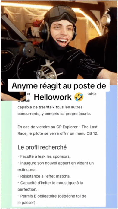 Anyme réagit au poste de Hellowork