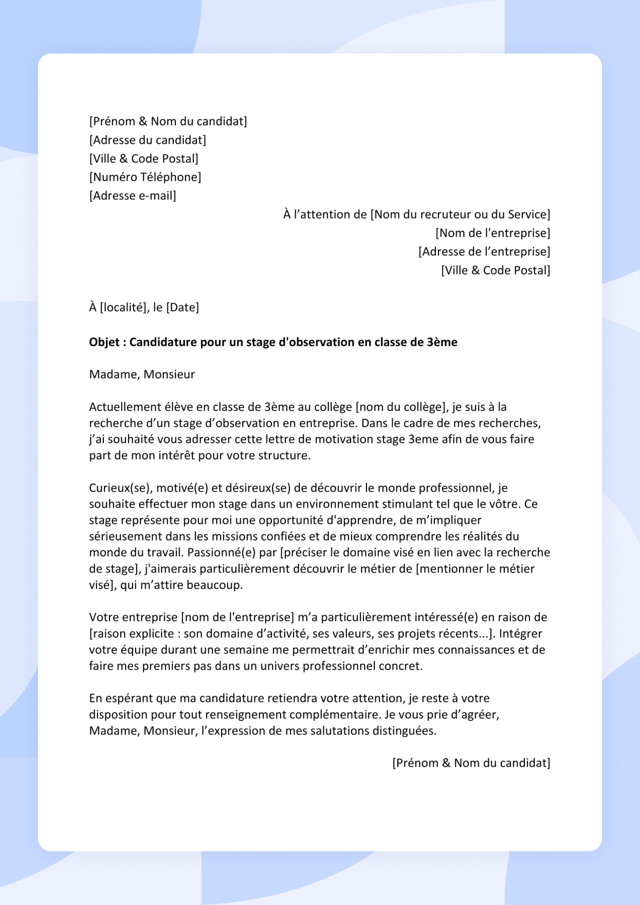 Modèle de lettre de motivation Stage 3ème
