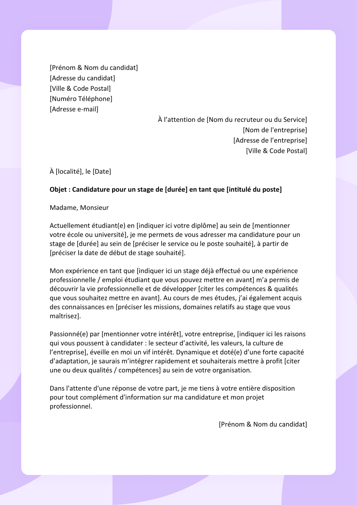 Modèle de lettre de motivation Stage