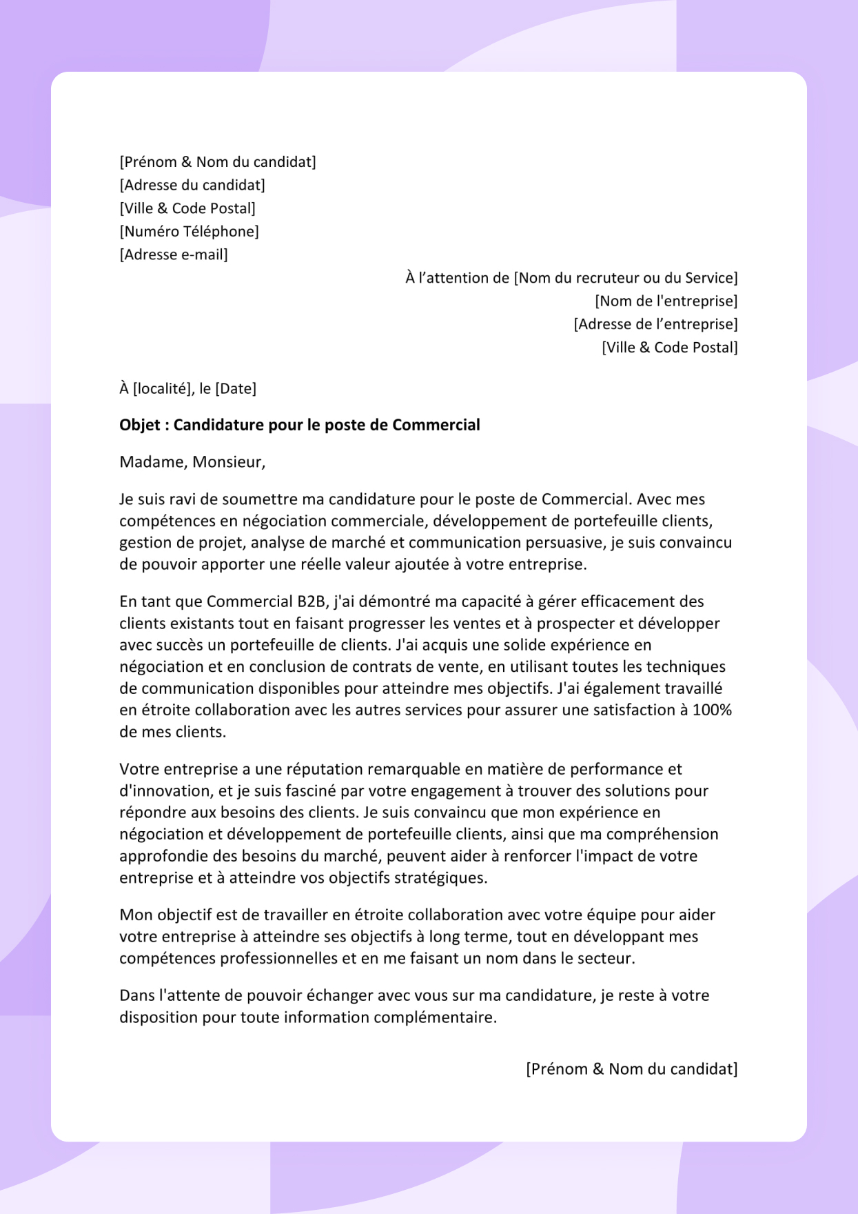 Modèle de lettre de motivation Commercial