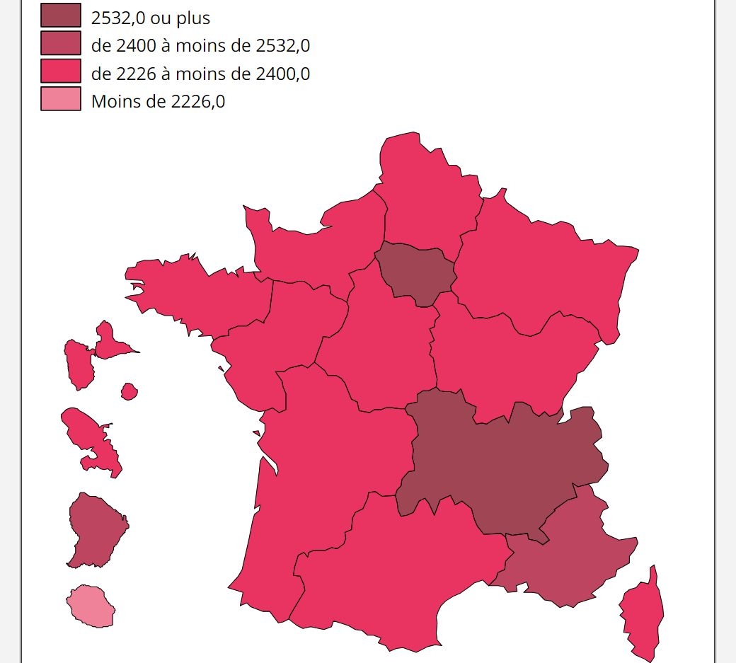 Découvrez les fourchettes de salaire net mensuel moyen, en euros, par région.