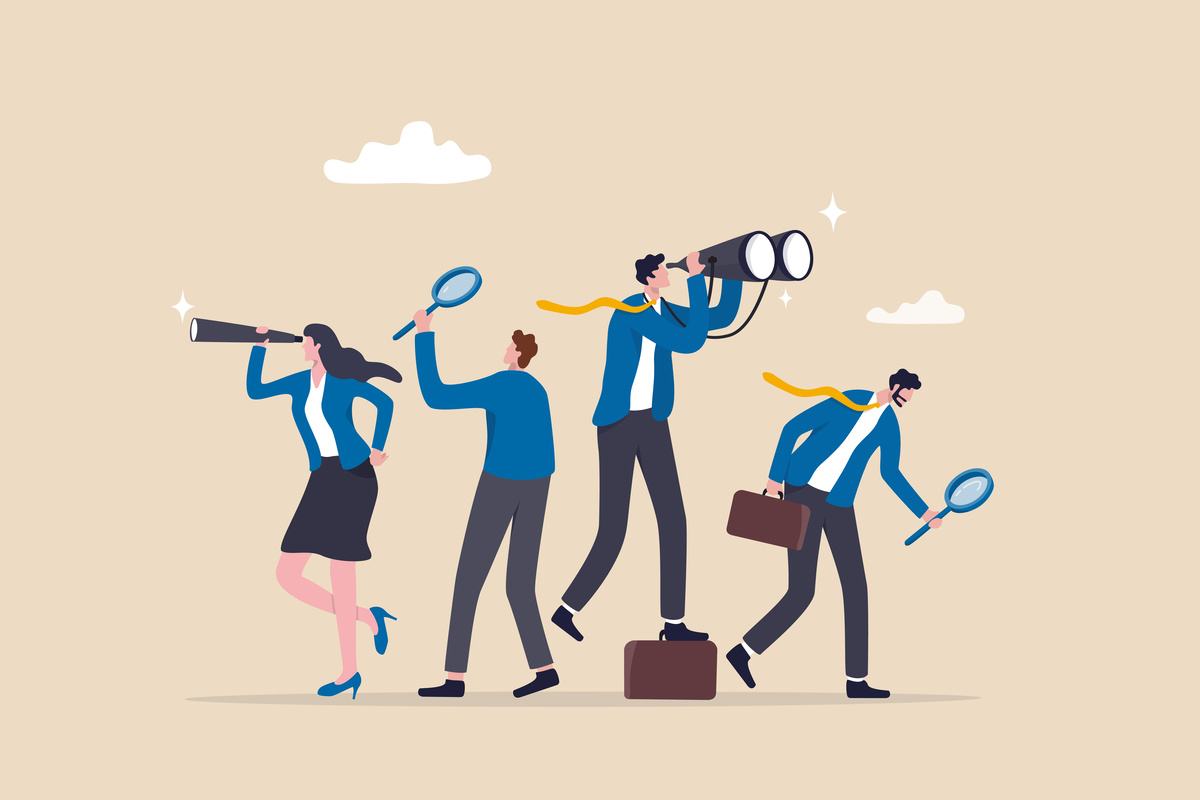 Search opportunity, finding new job, inspection or research, SEO or analyze for optimization, inspect or looking for future, career development concept, business people with binoculars, telescope.