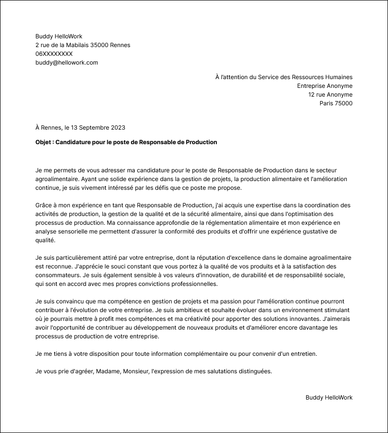 Modèle lettre de motivation Agroalimentaire Exemple lettre de motivation Agroalimentaire