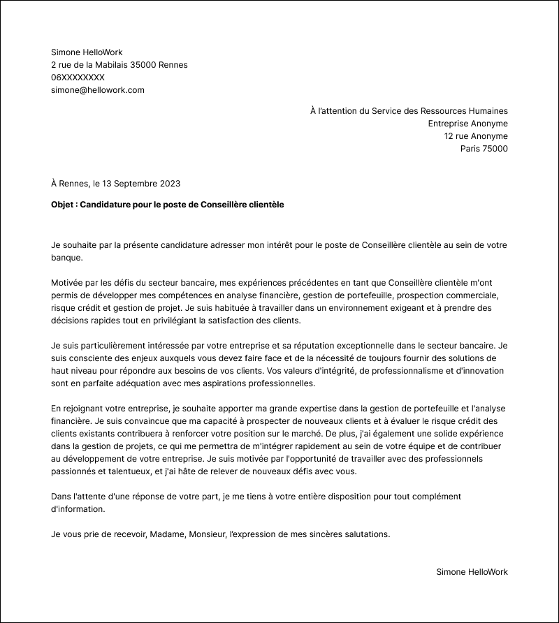 Modèle lettre de motivation Banque Exemple lettre de motivation Banque