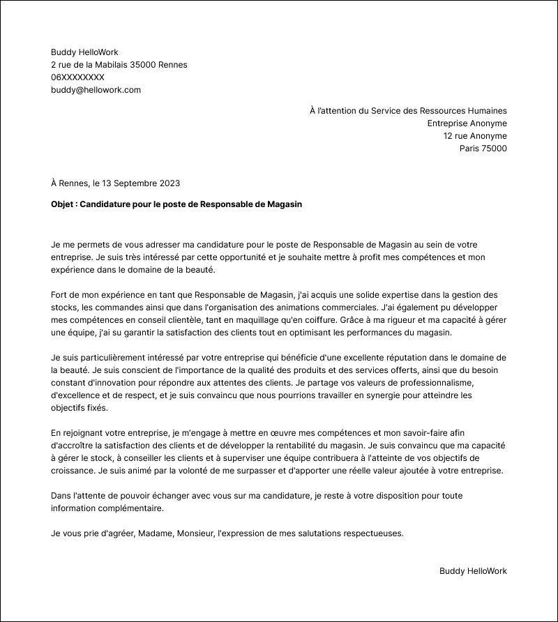 Exemple lettre de motivation Beauté