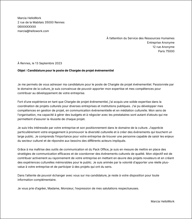 Modèle lettre de motivation Culture Exemple lettre de motivation Culture