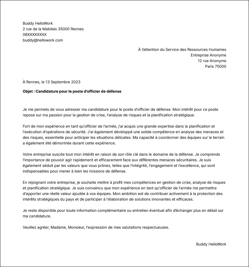 Exemple lettre de motivation Défense