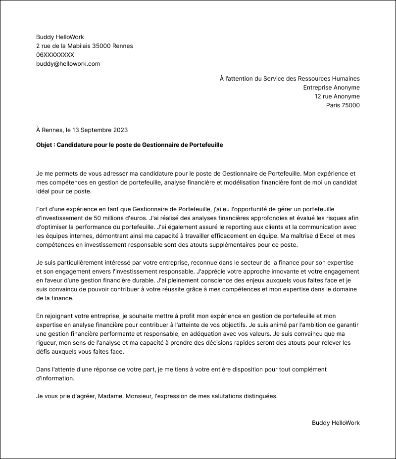 Modèle lettre de motivation Finance Exemple lettre de motivation Finance