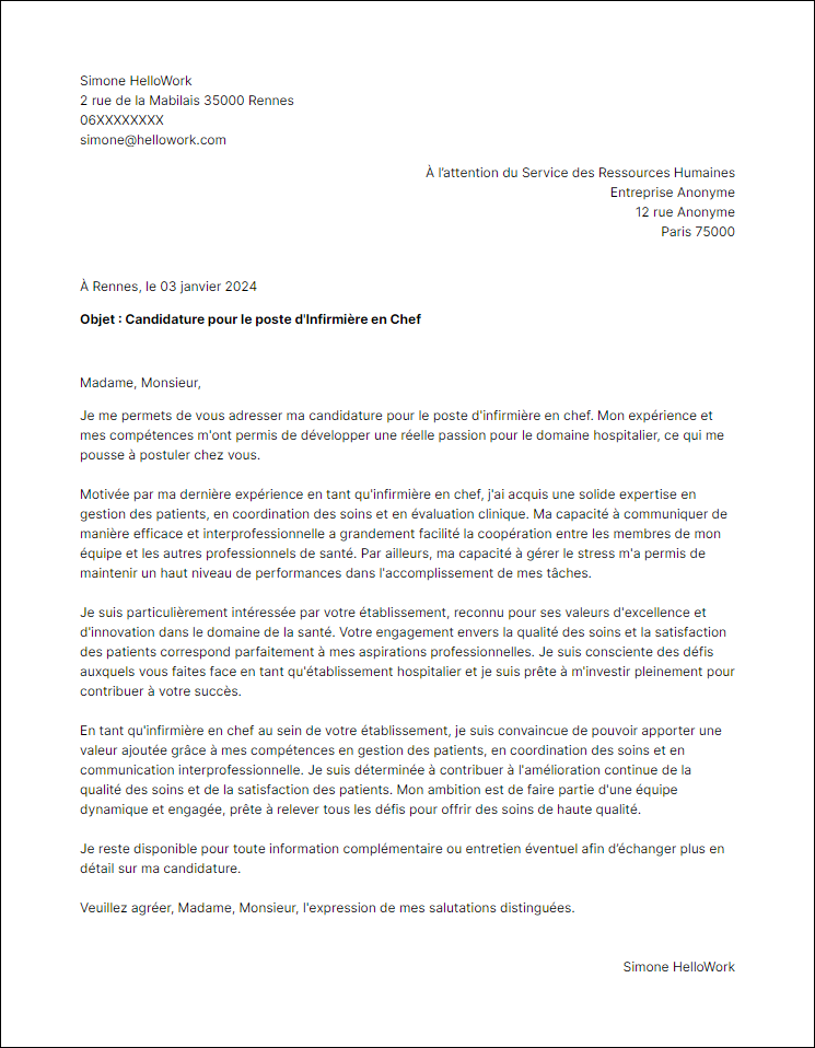 Exemple lettre de motivation Hospitalier