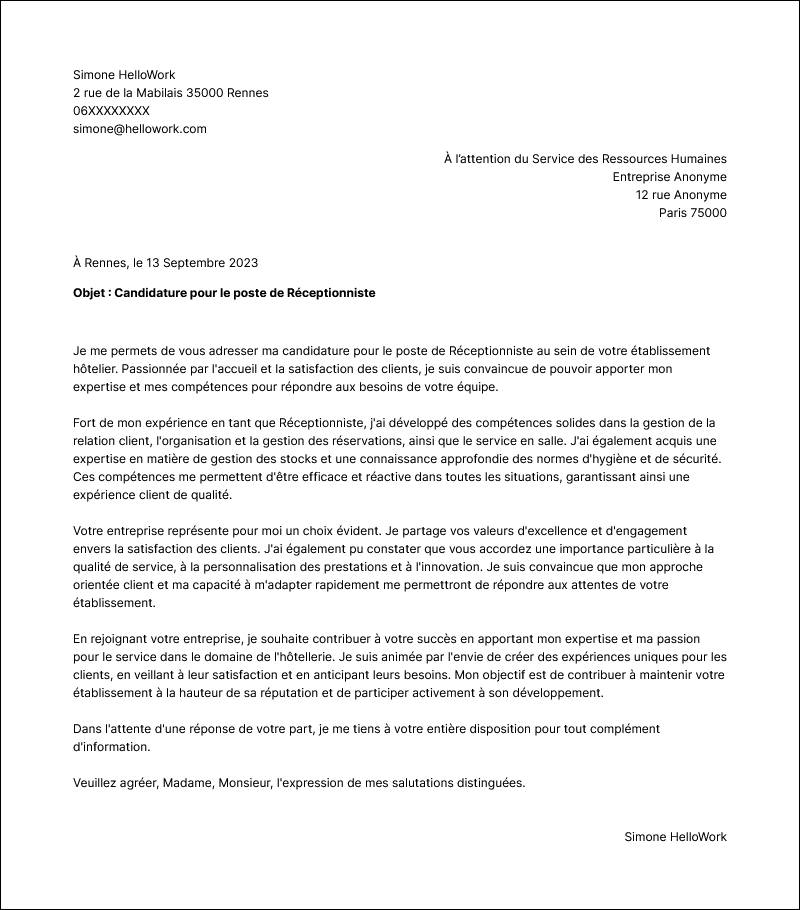 Exemple lettre de motivation Hotellerie