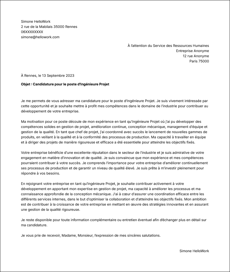 Exemple lettre de motivation Industrie