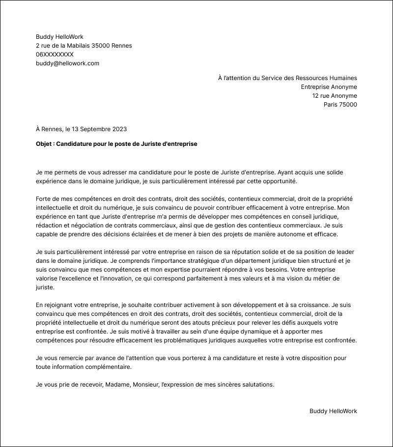 Exemple lettre de motivation Juridique