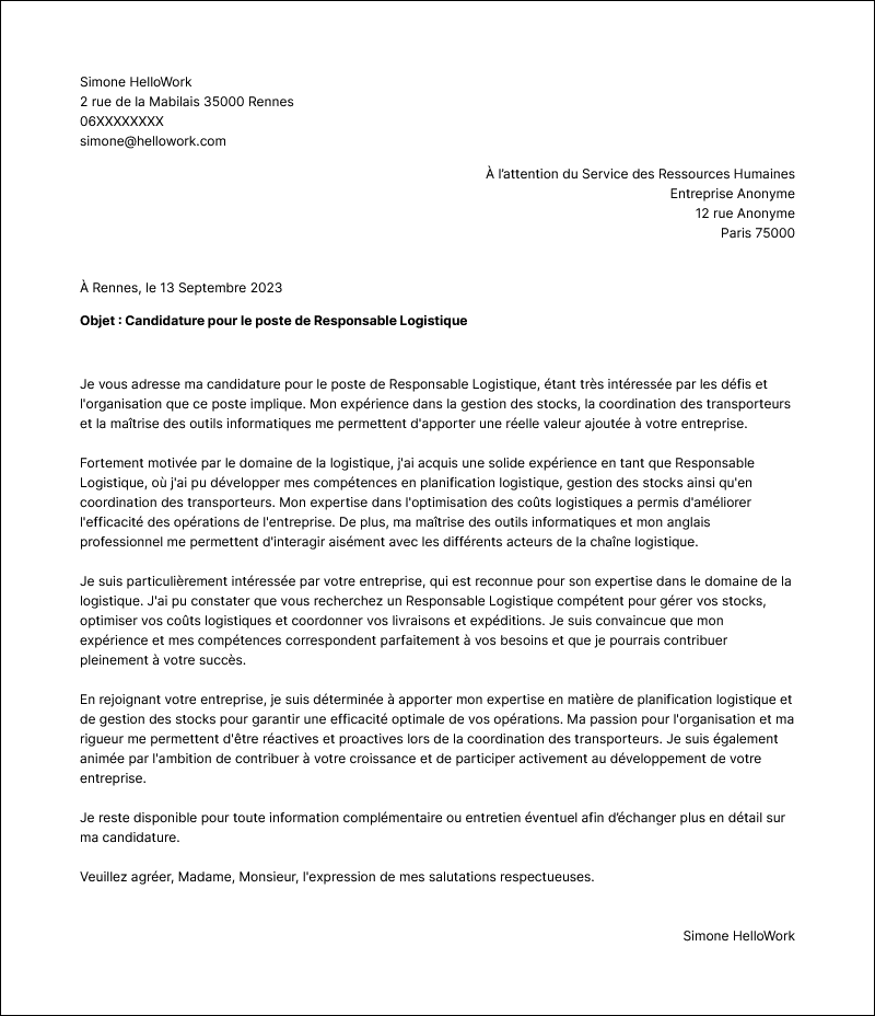 Modèle lettre de motivation Logistique Exemple lettre de motivation Logistique