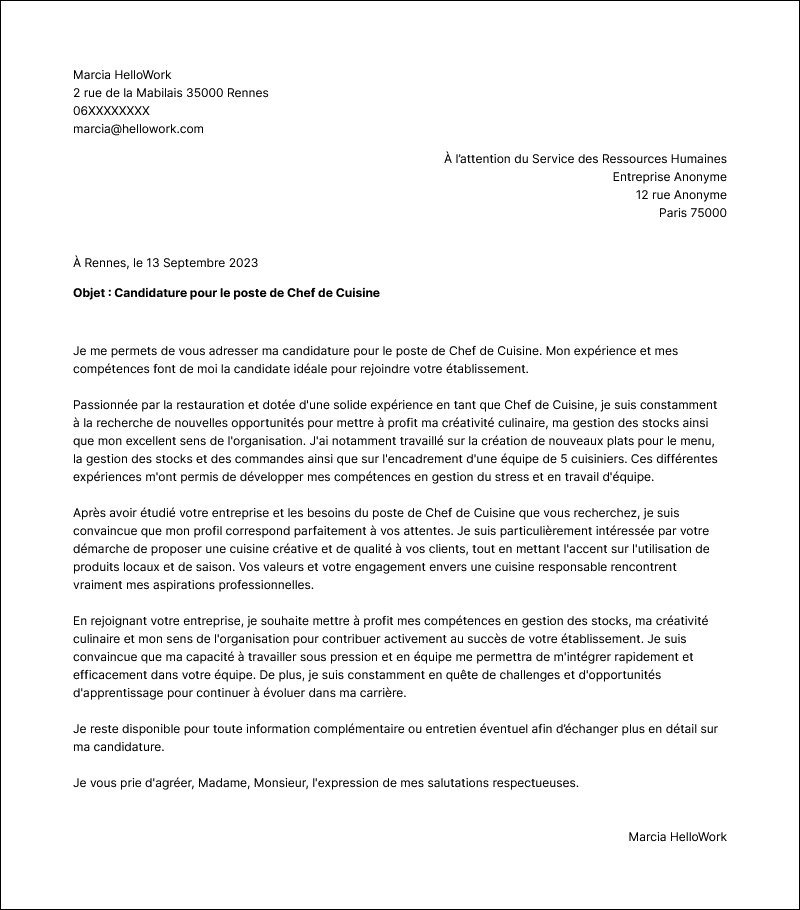 Exemple lettre de motivation Restauration