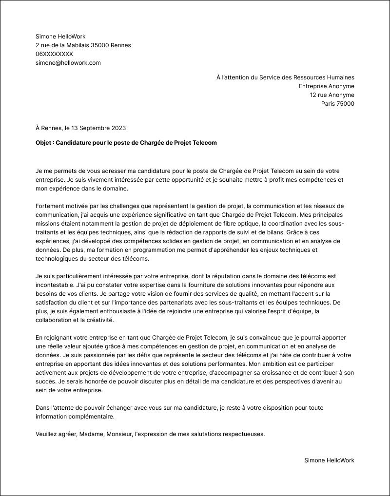 Modèle lettre de motivation Telecom Exemple lettre de motivation Telecom