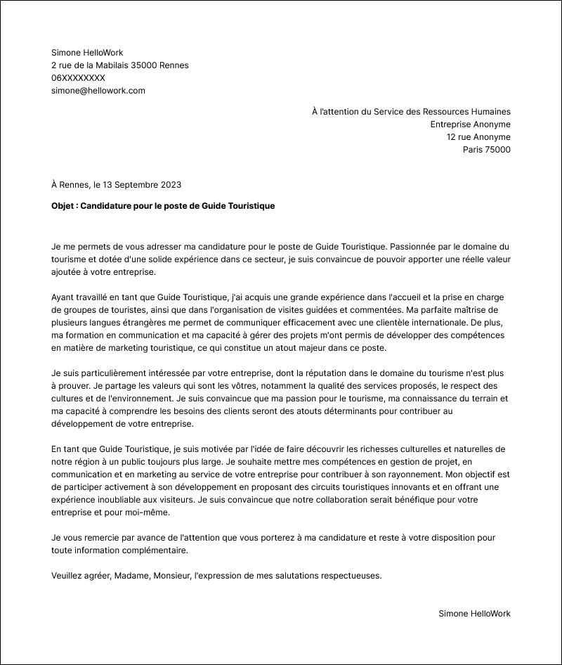 Modèle lettre de motivation Tourisme Exemple lettre de motivation Tourisme