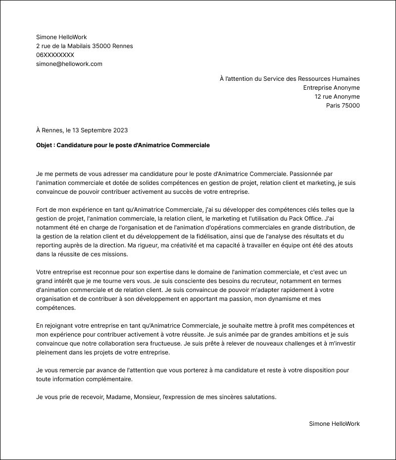 Modèle lettre de motivation Animateur commercial Exemple lettre de motivation Animateur commercial