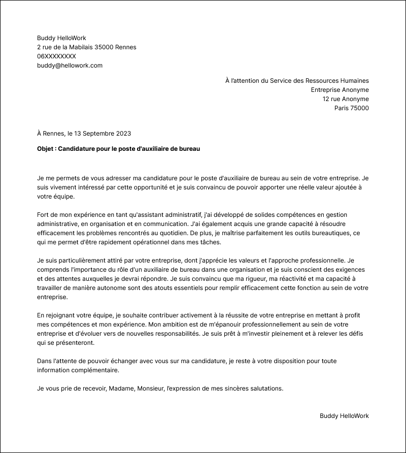Modèle lettre de motivation Auxiliaire de bureau Exemple lettre de motivation Auxiliaire de bureau