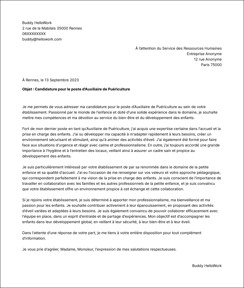 Modèle lettre de motivation Auxiliaire de puériculture Exemple lettre de motivation Auxiliaire de puériculture