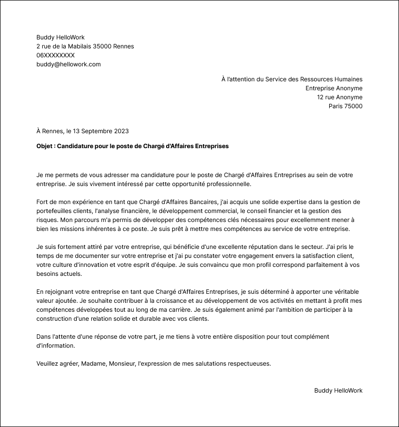 Modèle lettre de motivation Chargé d'affaires entreprises Exemple lettre de motivation Chargé d'affaires entreprises