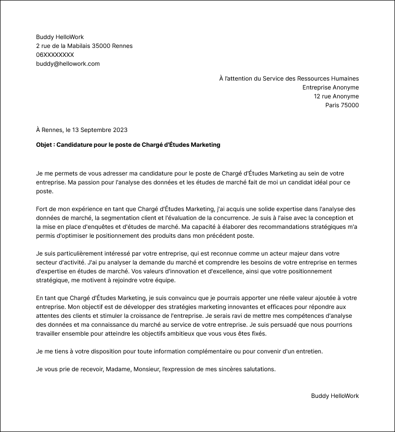 Modèle lettre de motivation Chargé d'études marketing Exemple lettre de motivation Chargé d'études marketing