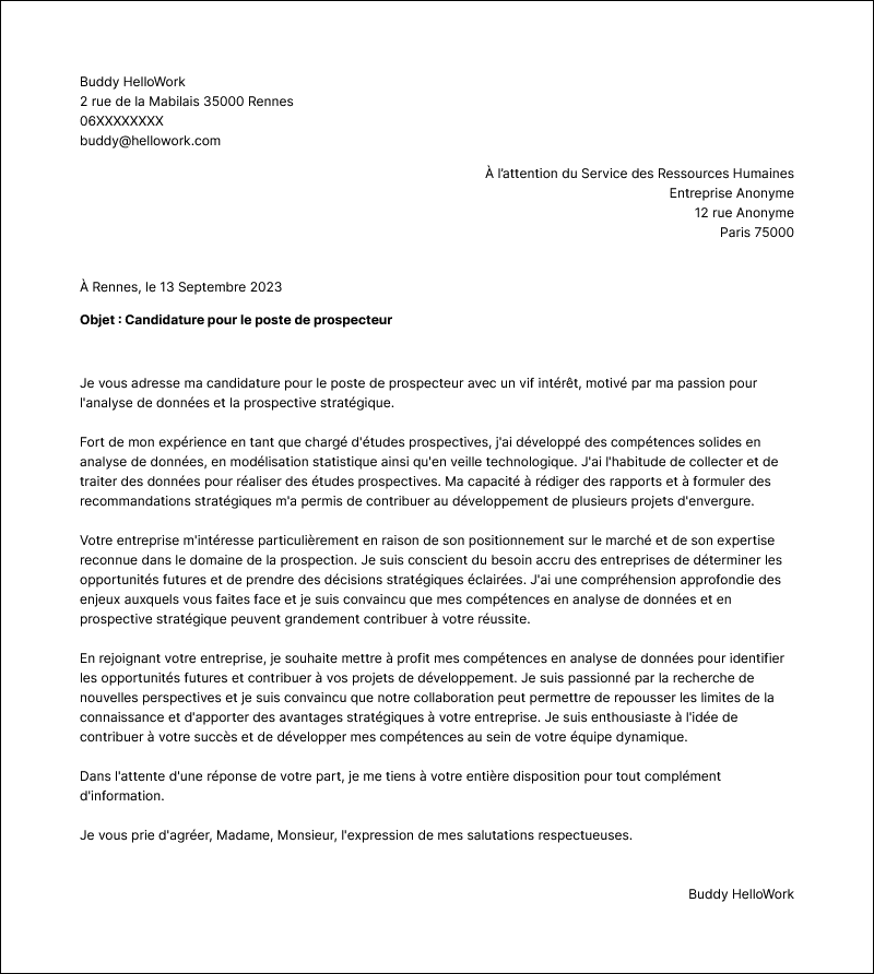 Exemple lettre de motivation Prospecteur