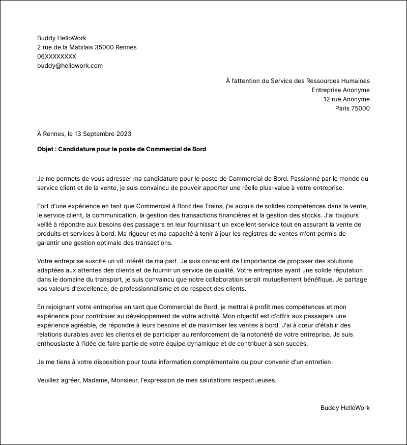 Exemple lettre de motivation Commercial de bord