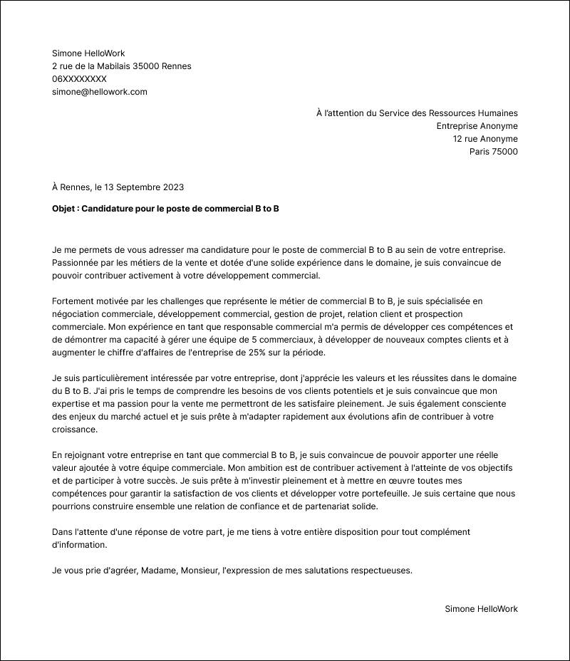 Modèle lettre de motivation Commercial B to B Exemple lettre de motivation Commercial B to B