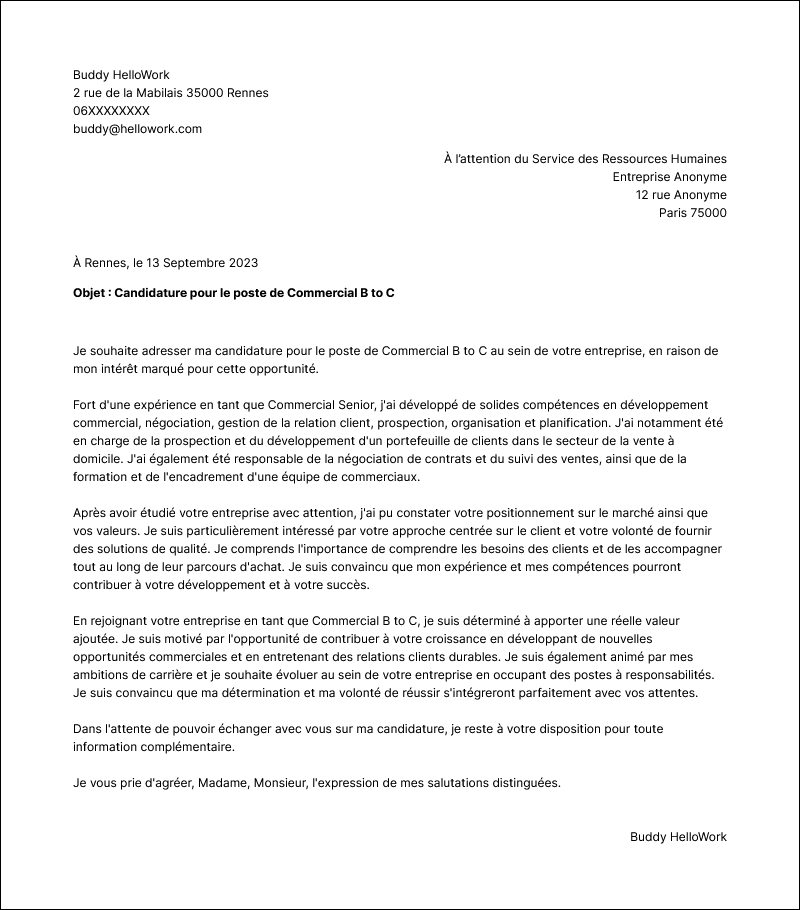 Modèle lettre de motivation Commercial auprès des particuliers Exemple lettre de motivation Commercial auprès des particuliers