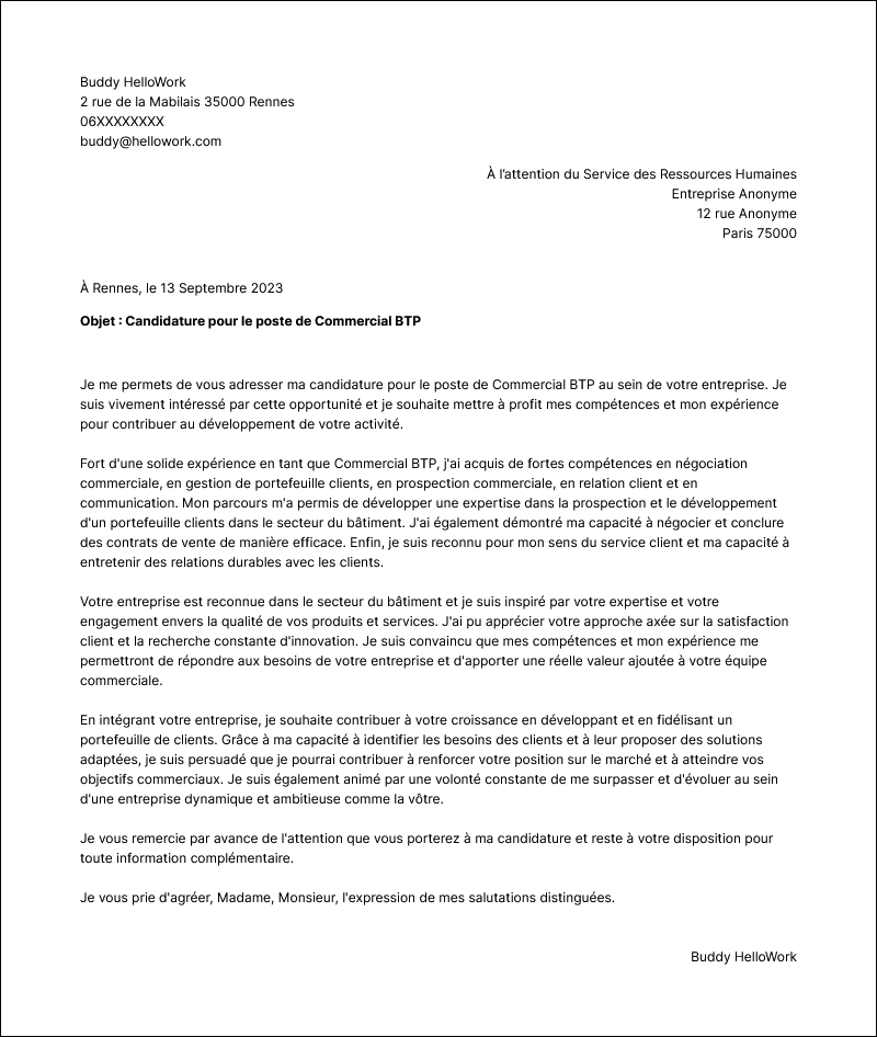 Exemple lettre de motivation Commercial BTP