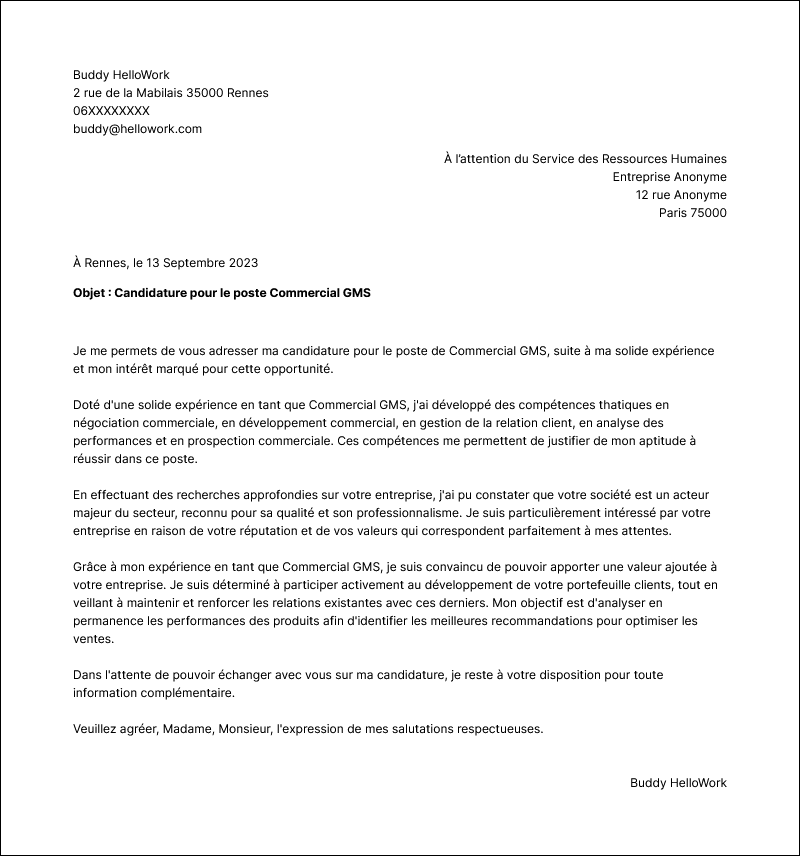 Modèle lettre de motivation Commercial GMS Exemple lettre de motivation Commercial GMS