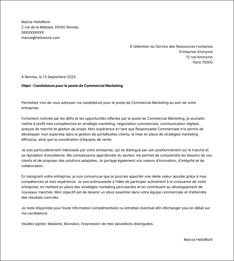 Modèle lettre de motivation Commercial marketing Exemple lettre de motivation Commercial marketing