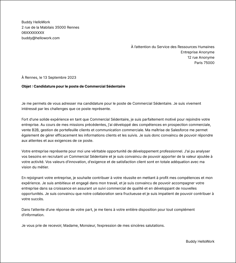 Modèle lettre de motivation Commercial sédentaire Exemple lettre de motivation Commercial sédentaire