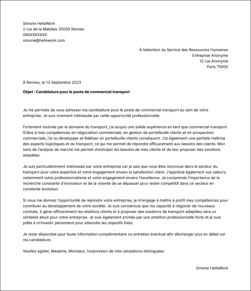 Modèle lettre de motivation Commercial transport Exemple lettre de motivation Commercial transport