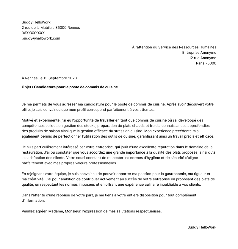 Exemple lettre de motivation Commis de cuisine