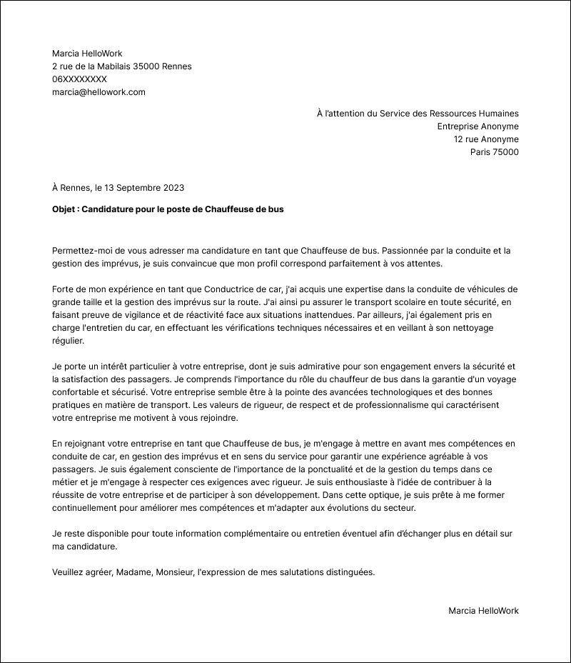 Modèle lettre de motivation Conducteur de car Exemple lettre de motivation Conducteur de car