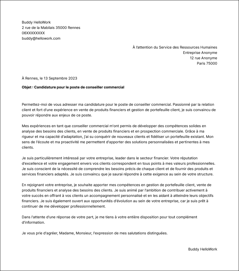 Modèle lettre de motivation Conseiller commercial Exemple lettre de motivation Conseiller commercial