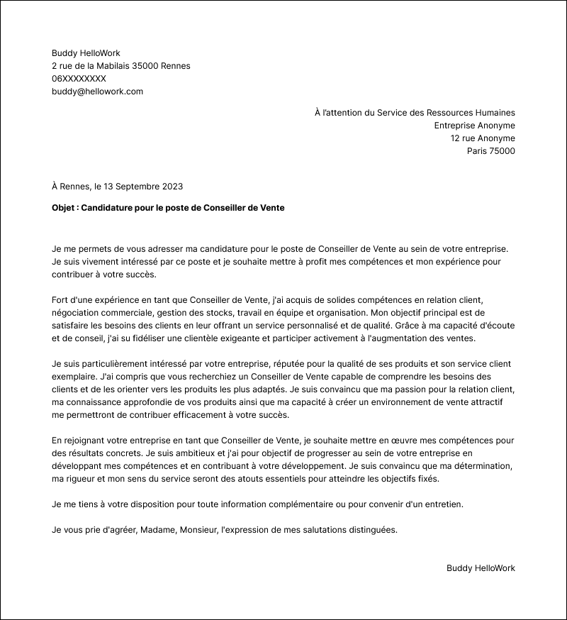 Modèle lettre de motivation Conseiller de vente Exemple lettre de motivation Conseiller de vente