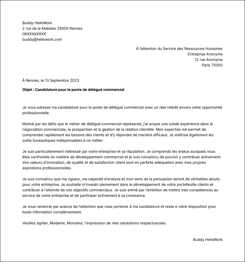 Exemple lettre de motivation Délégué commercial