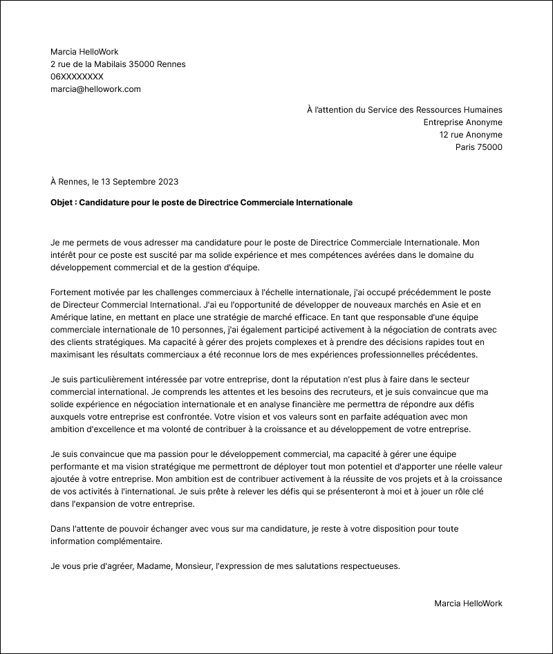 Modèle lettre de motivation Directeur commercial international Exemple lettre de motivation Directeur commercial international