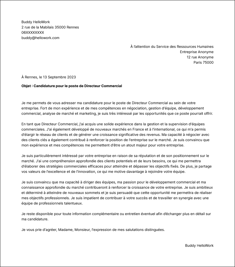 Modèle lettre de motivation Directeur commercial Exemple lettre de motivation Directeur commercial