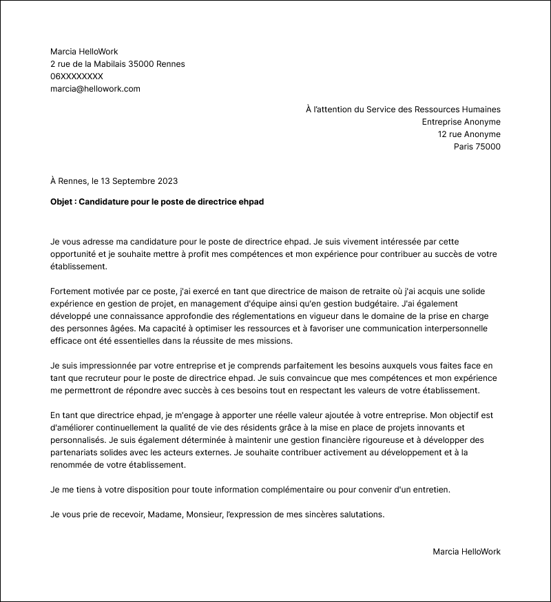 Modèle lettre de motivation Directeur de maison de retraite Exemple lettre de motivation Directeur de maison de retraite